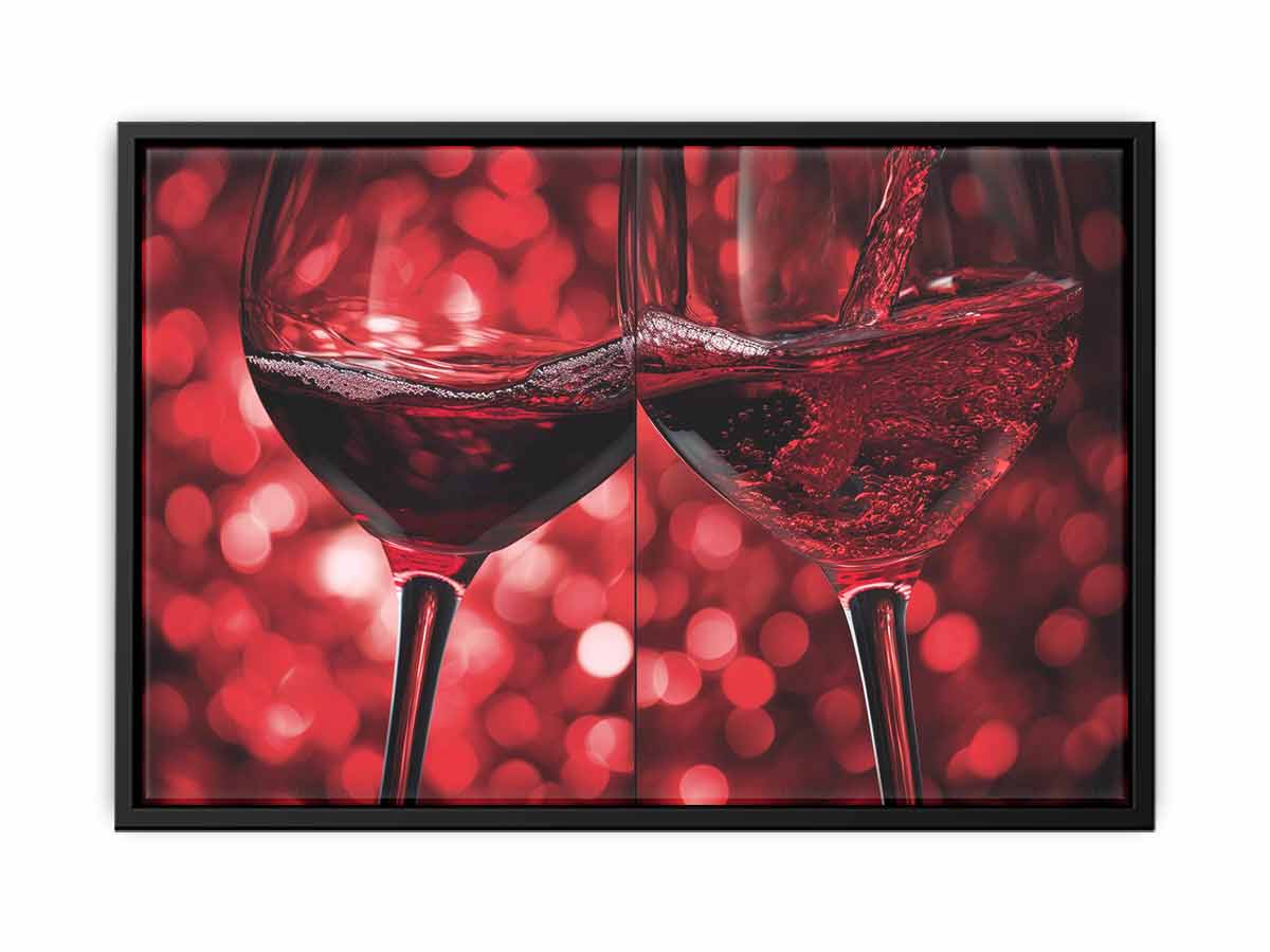 Close up red wine glasses with pouring motion for dining room wall art.