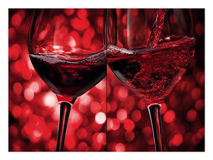 Close up red wine glasses with pouring motion for dining room wall art.