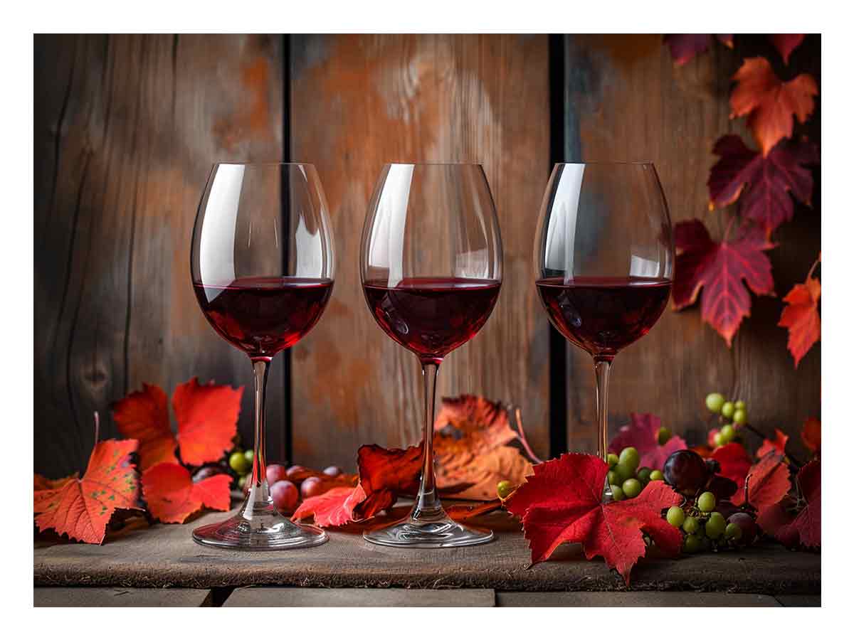Three red wine glasses with autumn leaves and grapes for dining room decor.