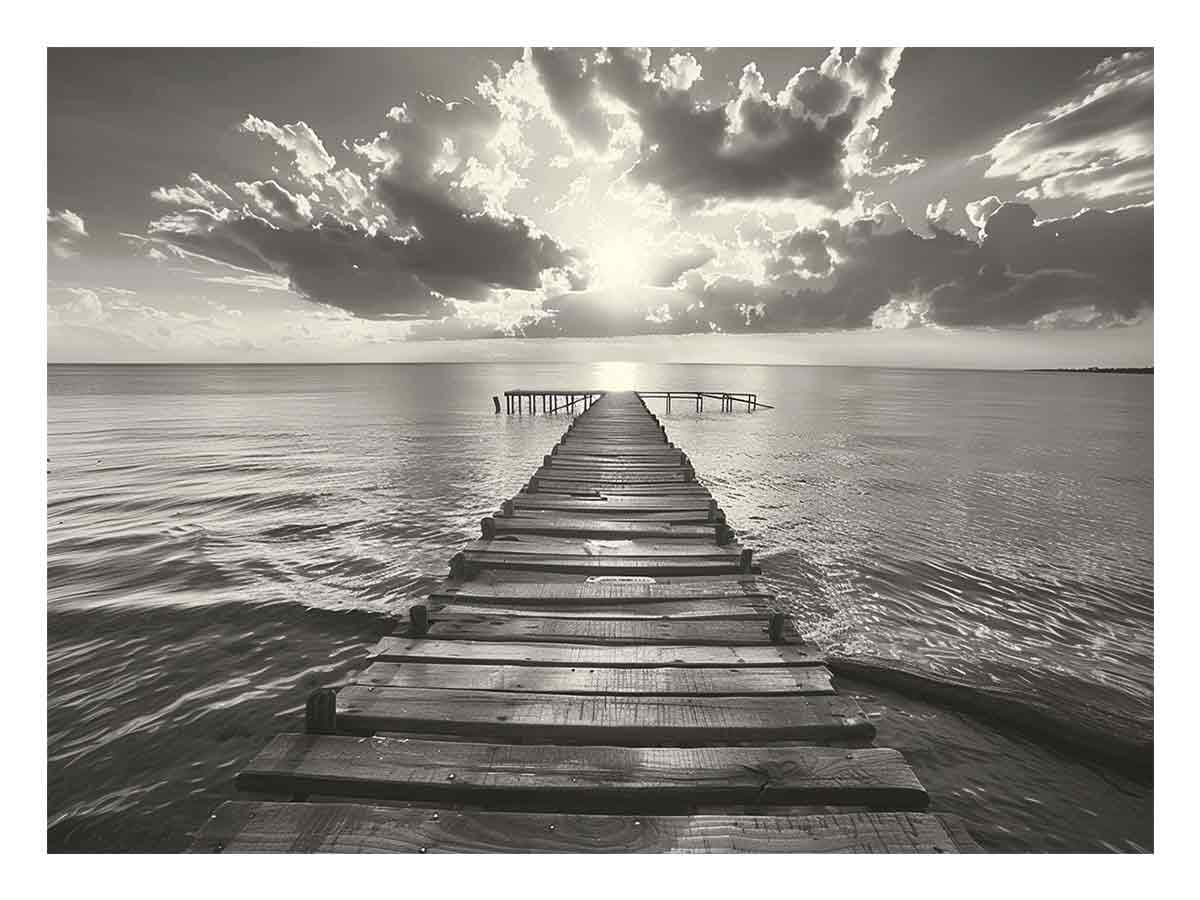 Black and white wooden pier over calm sea with clouds for bedroom decor.