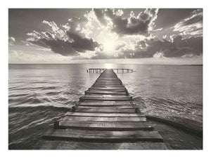 Black and white wooden pier over calm sea with clouds for bedroom decor.
