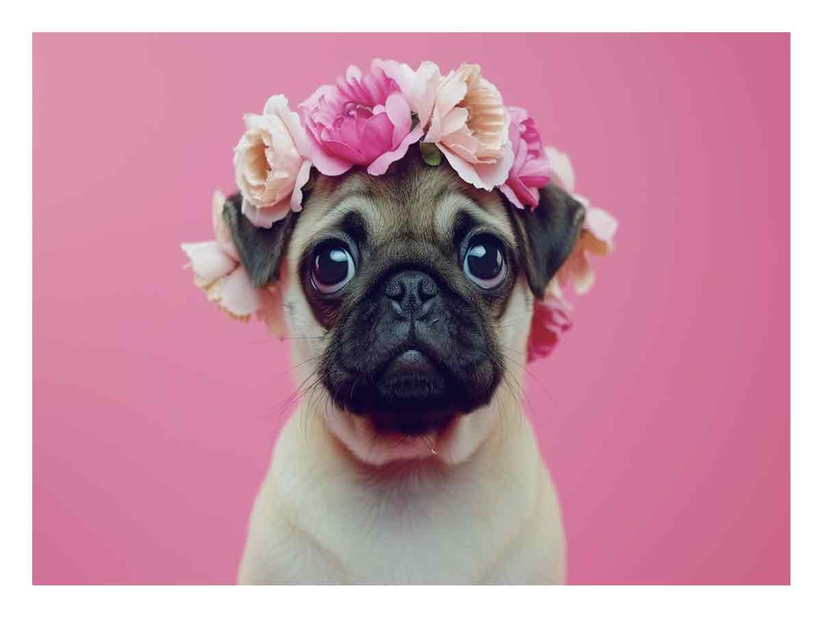 Cute pug with pink floral crown canvas art for nursery or bedroom decor.