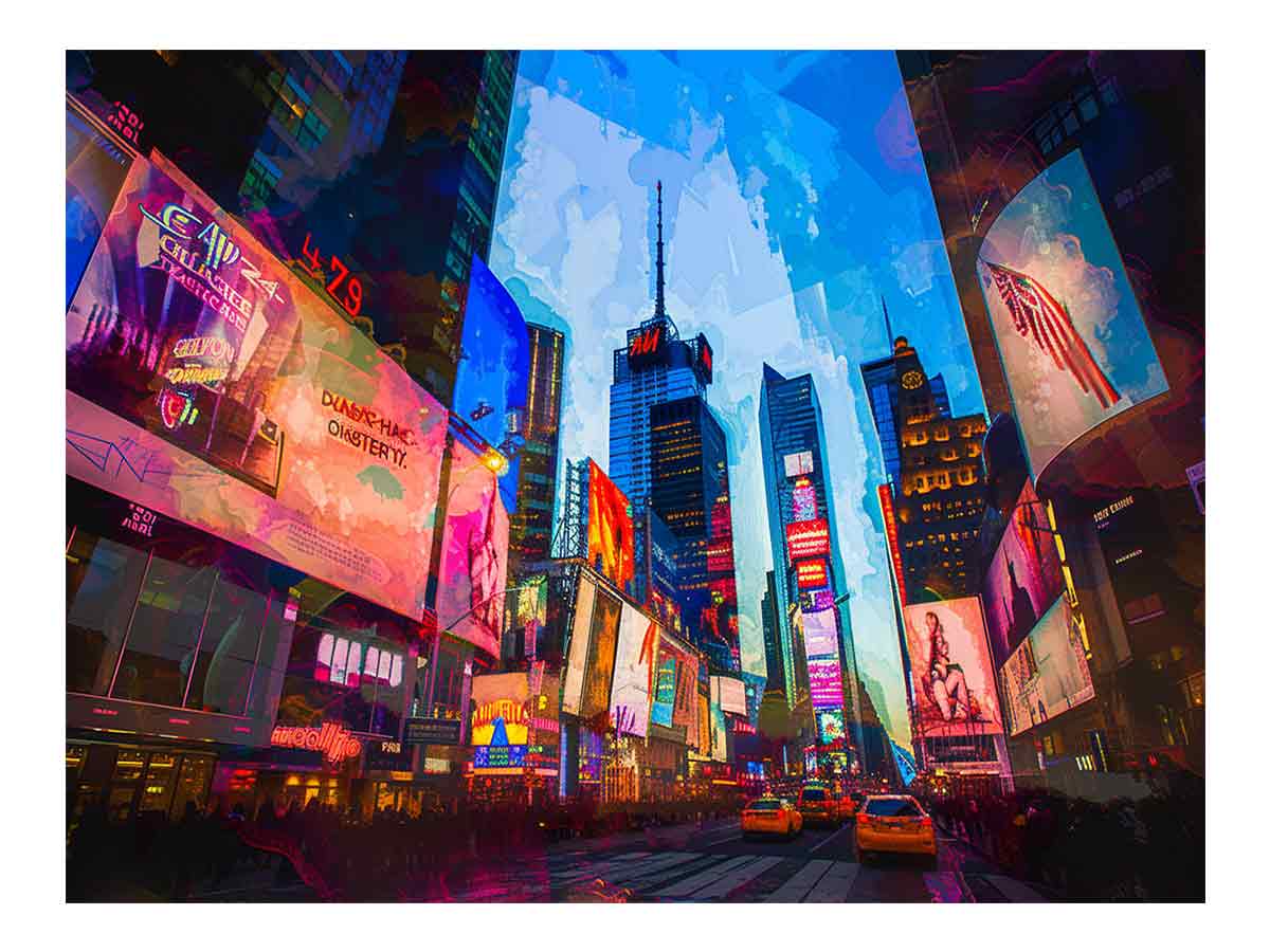Neon Times Square cityscape canvas wall art with glowing billboards for modern interiors.