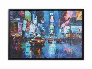 Rainy New York taxi canvas art with wet street reflections for modern living room decor.