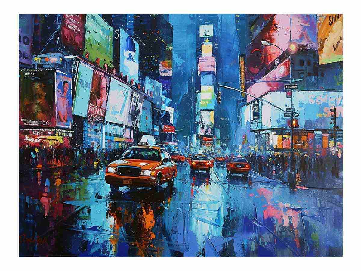 Rainy New York taxi canvas art with wet street reflections for modern living room decor.