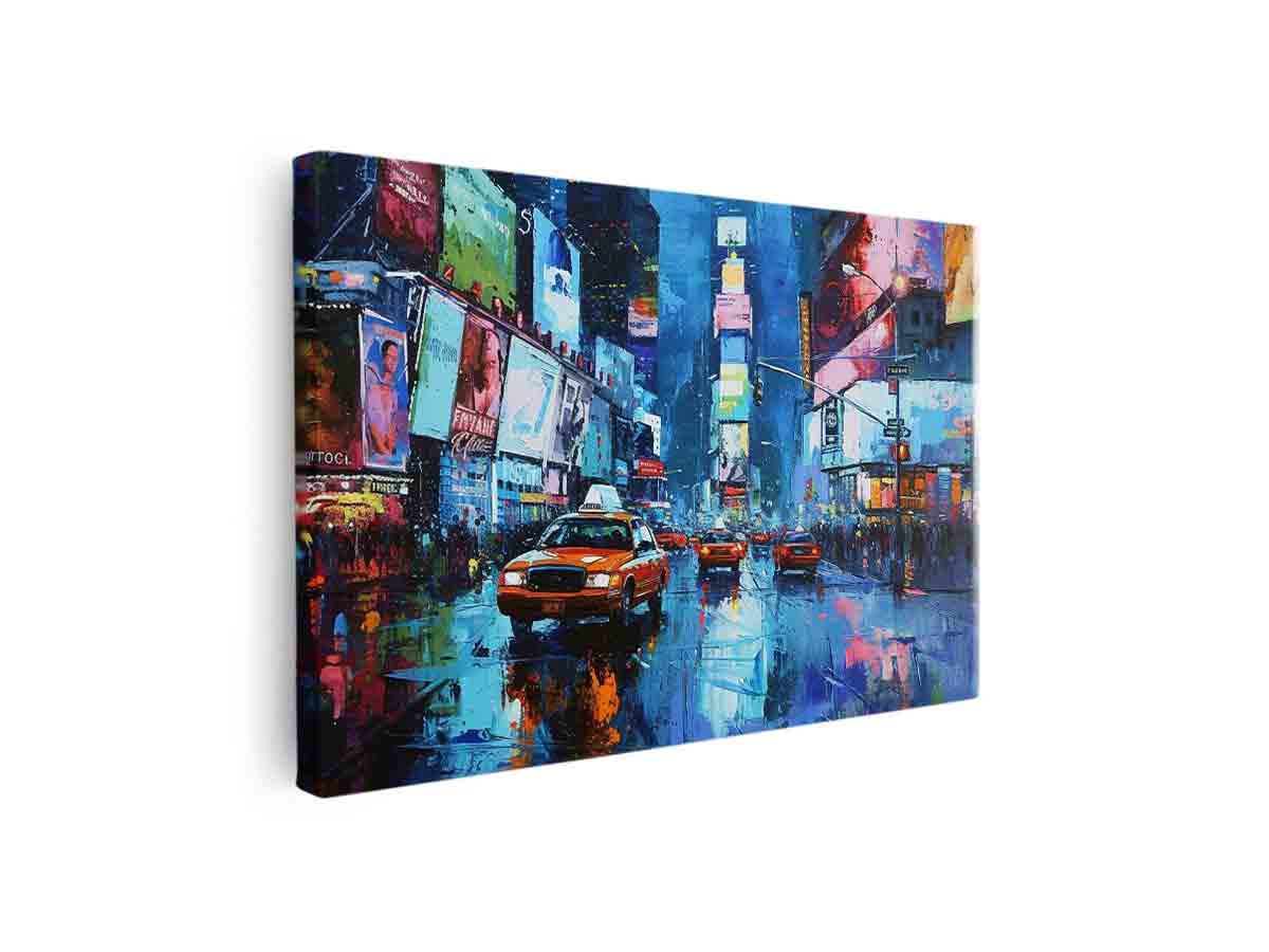 Rainy New York taxi canvas art with wet street reflections for modern living room decor.