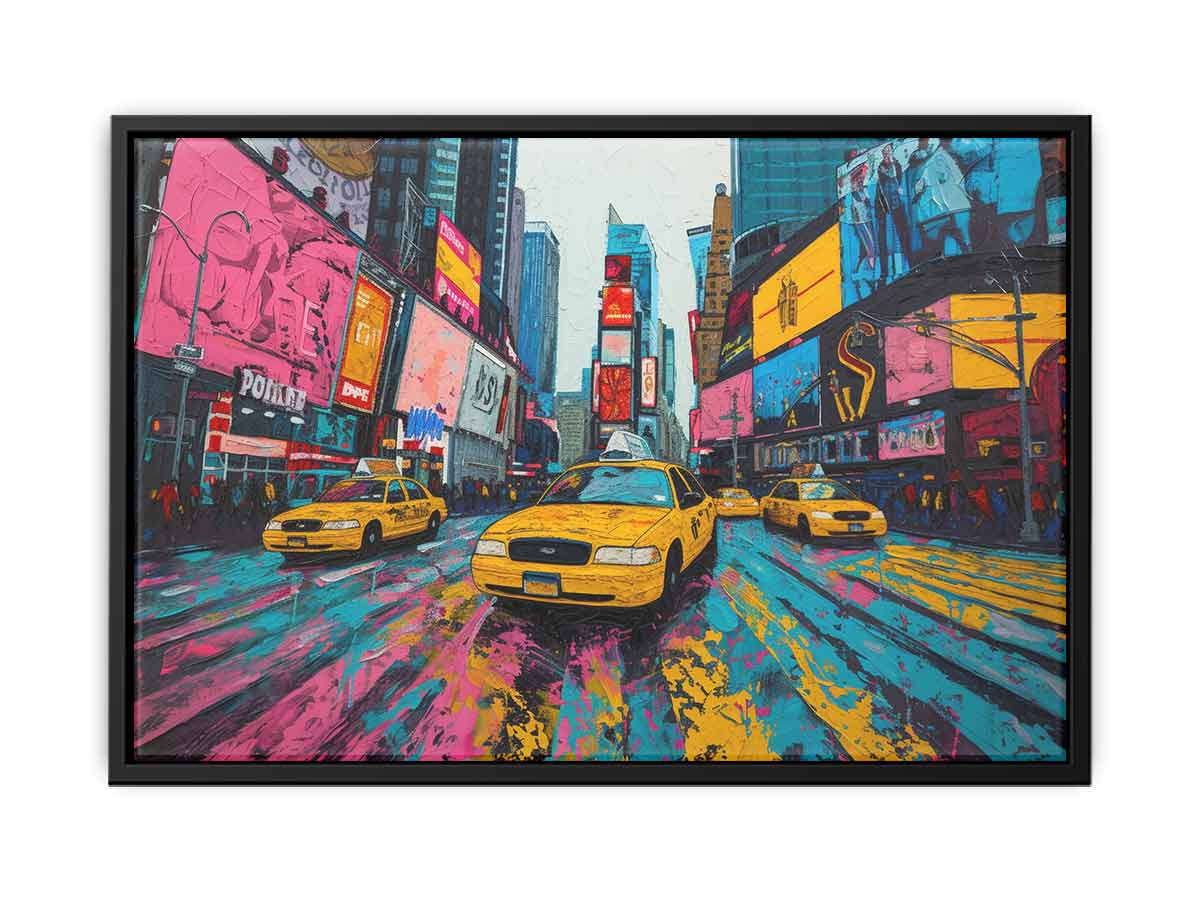 Bright pop art taxi canvas print with neon city street for modern living room decor.