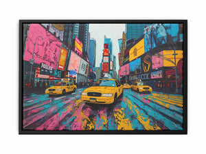 Bright pop art taxi canvas print with neon city street for modern living room decor.