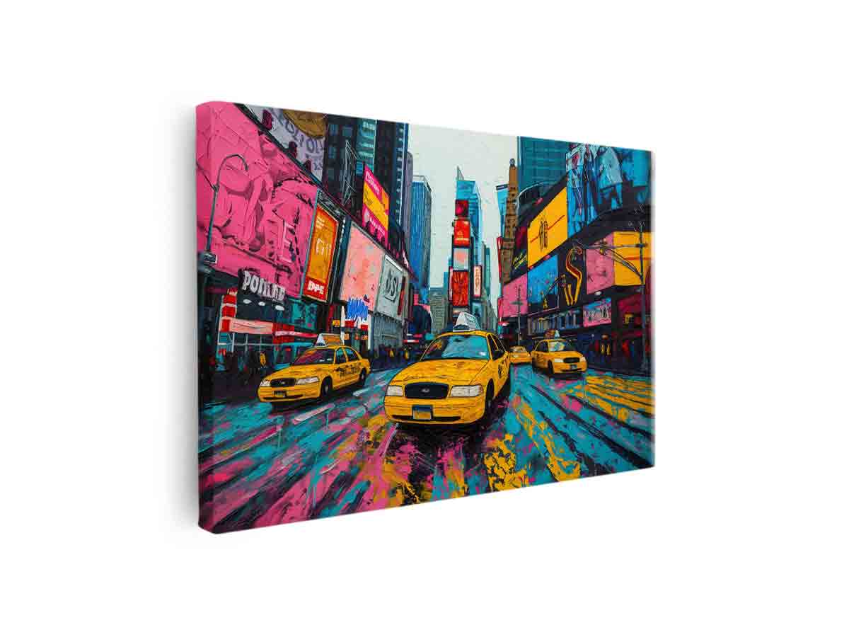 Bright pop art taxi canvas print with neon city street for modern living room decor.