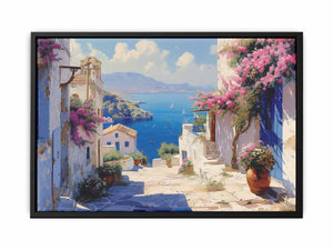 Santorini coastal canvas art with pink bougainvillea and blue sea for bedroom decor.