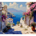 Santorini coastal canvas art with pink bougainvillea and blue sea for bedroom decor.