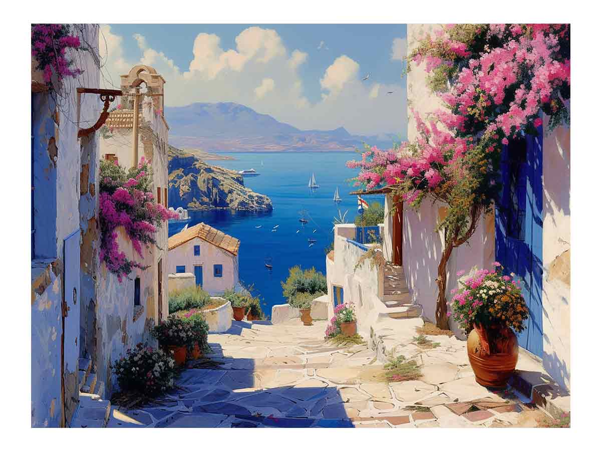 Santorini coastal canvas art with pink bougainvillea and blue sea for bedroom decor.