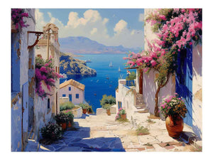 Santorini coastal canvas art with pink bougainvillea and blue sea for bedroom decor.