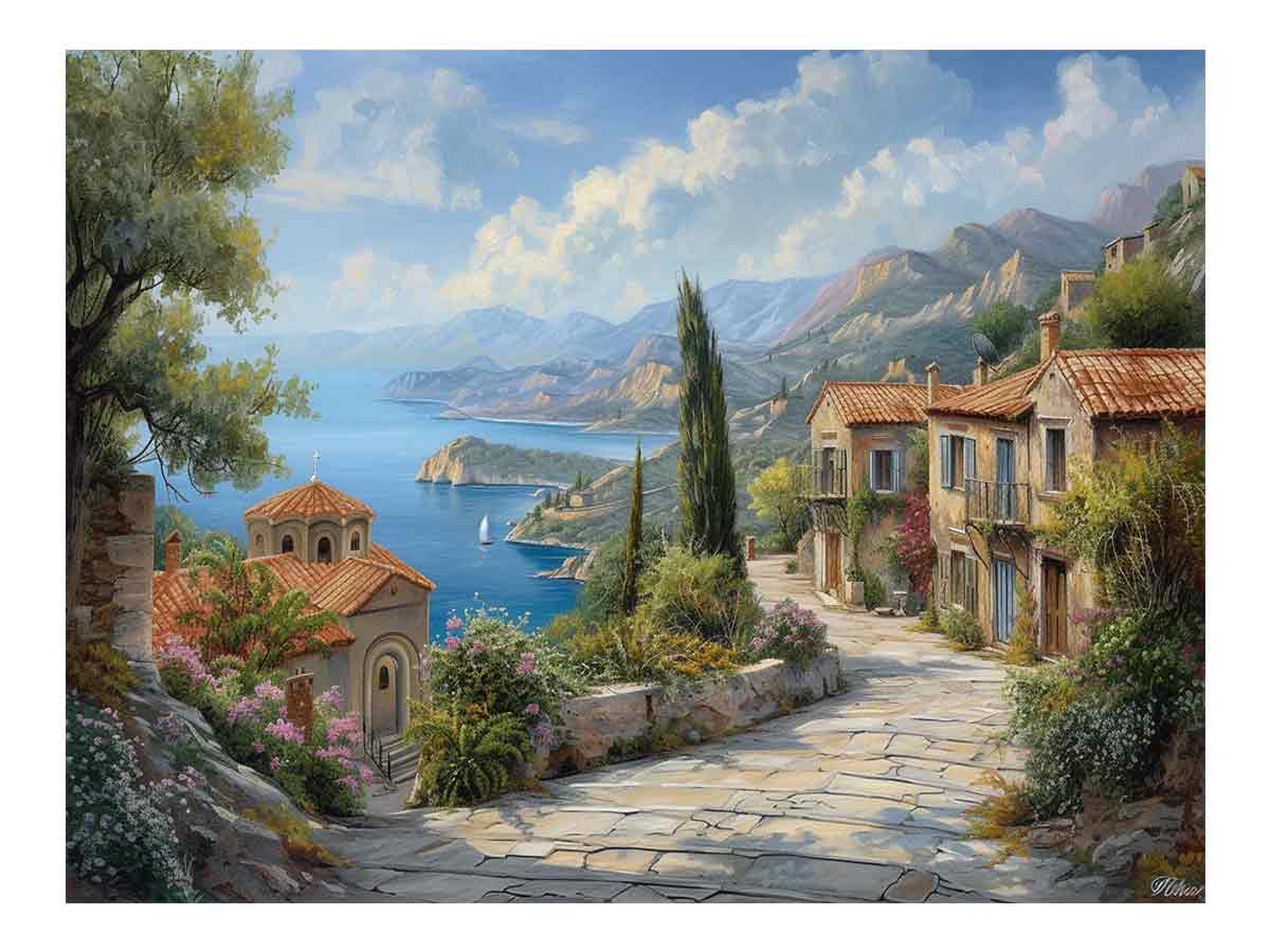 Mediterranean coastal village canvas art with blue sea and hillside homes for living room decor.