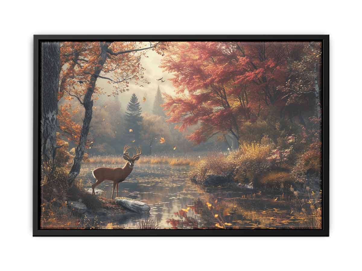 Autumn deer canvas wall art with lake reflections and red forest trees for cozy living room decor.