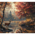 Autumn deer canvas wall art with lake reflections and red forest trees for cozy living room decor.