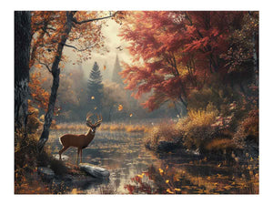 Autumn deer canvas wall art with lake reflections and red forest trees for cozy living room decor.