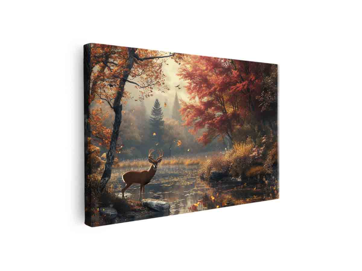 Autumn deer canvas wall art with lake reflections and red forest trees for cozy living room decor.