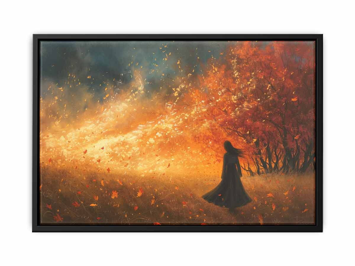 Fiery autumn woman silhouette canvas art with glowing leaves for dramatic living room decor.