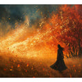 Fiery autumn woman silhouette canvas art with glowing leaves for dramatic living room decor.