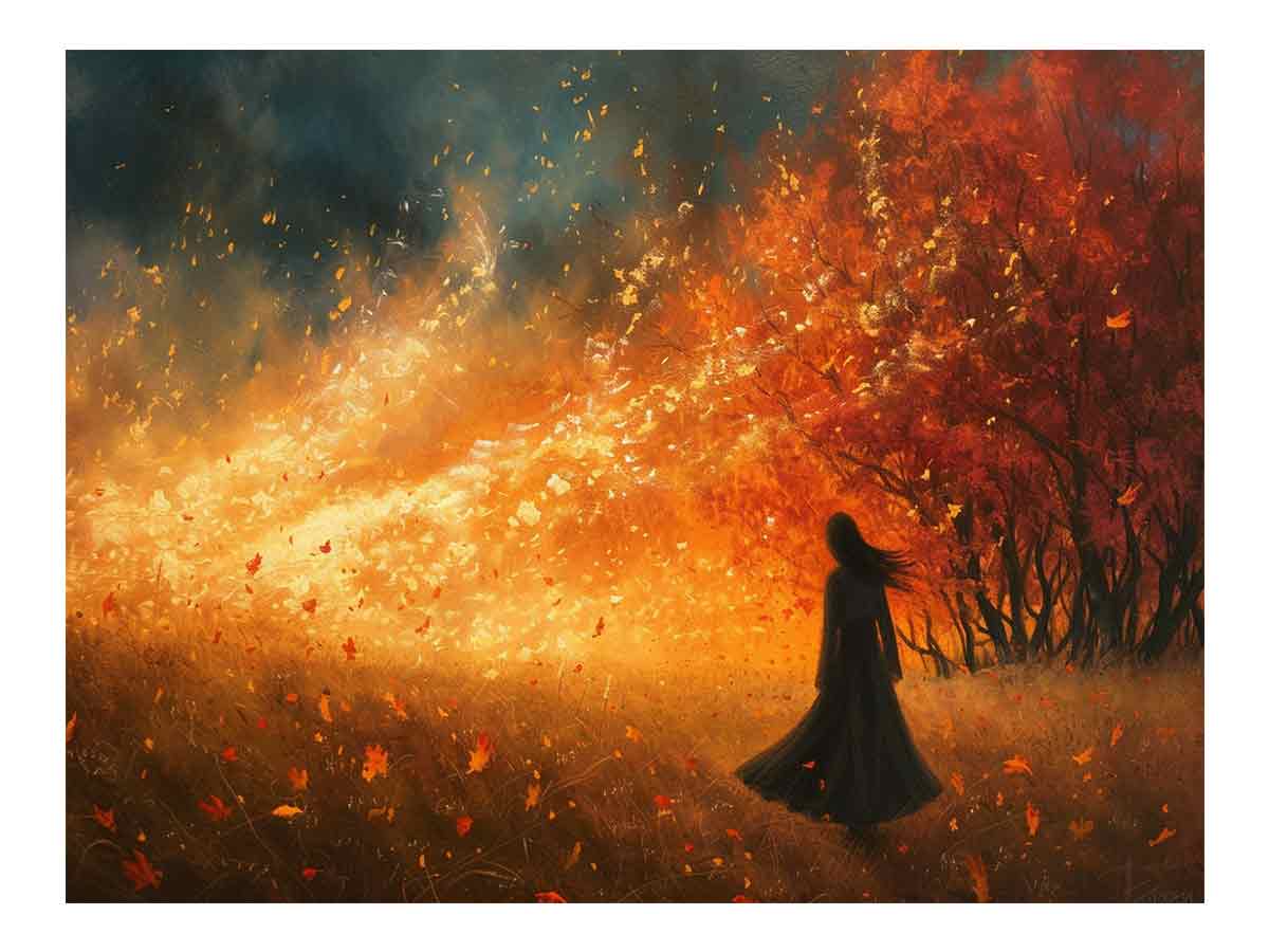 Fiery autumn woman silhouette canvas art with glowing leaves for dramatic living room decor.