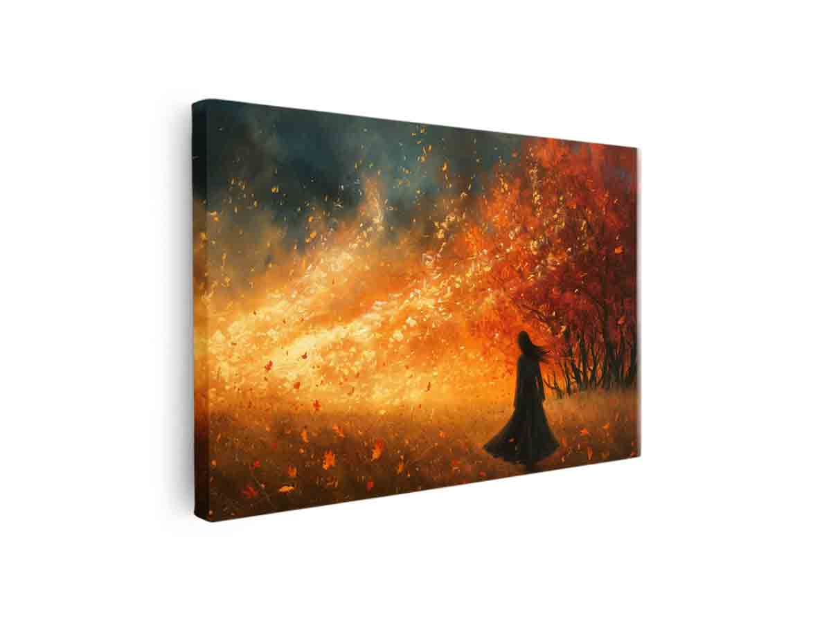Fiery autumn woman silhouette canvas art with glowing leaves for dramatic living room decor.