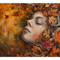 Autumn woman portrait canvas art with golden leaves and branches for elegant bedroom decor.