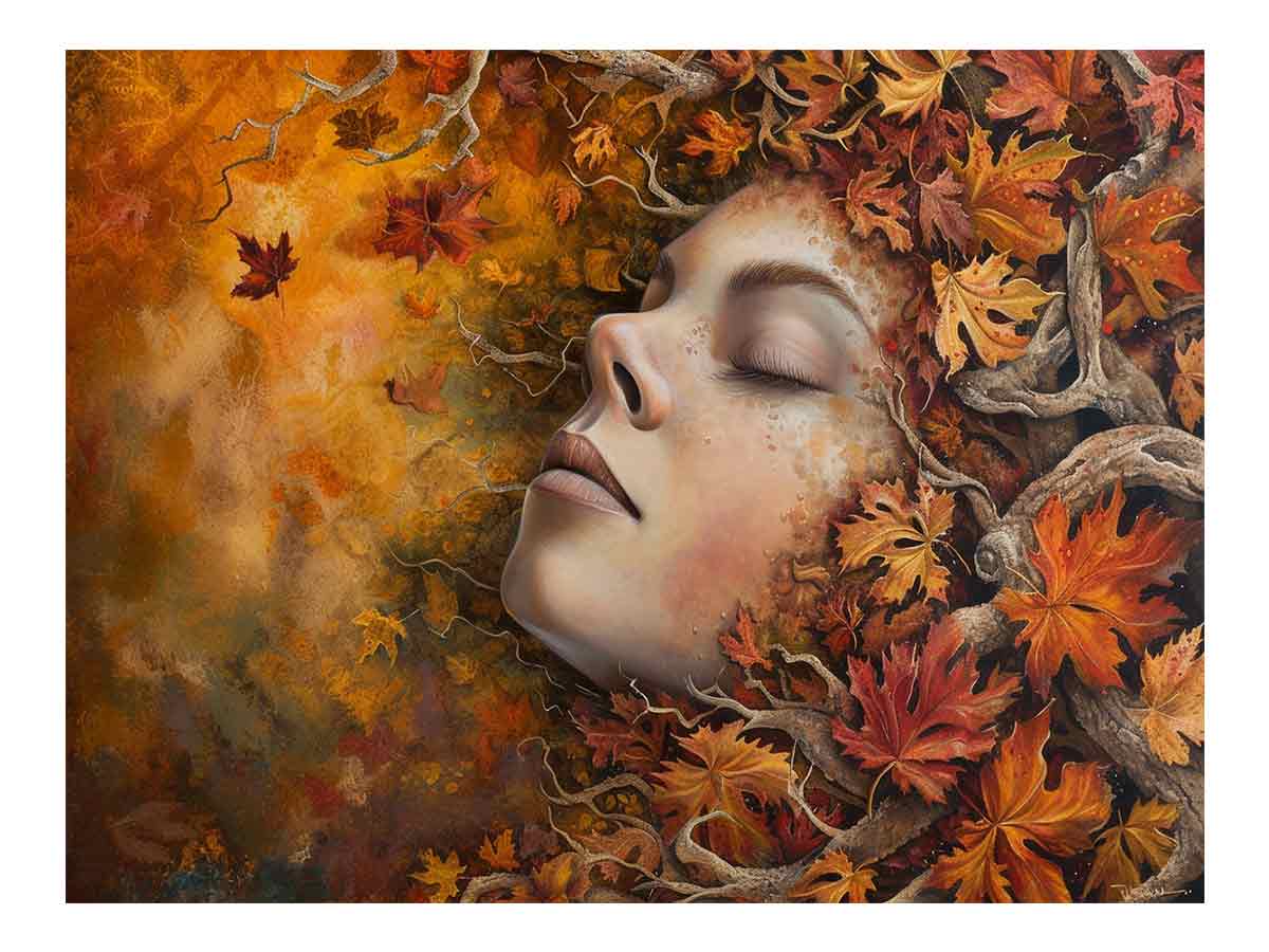 Autumn woman portrait canvas art with golden leaves and branches for elegant bedroom decor.