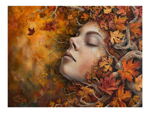 Autumn woman portrait canvas art with golden leaves and branches for elegant bedroom decor.