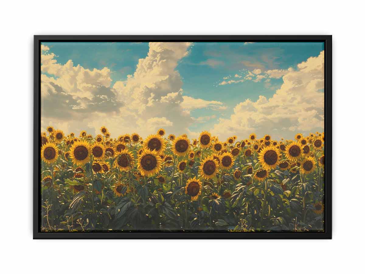 Sunflower field canvas print with golden flowers and blue sky for cheerful living room decor.
