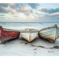 Weathered wooden boats on beach canvas art for coastal living room decor.