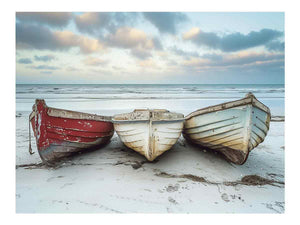 Weathered wooden boats on beach canvas art for coastal living room decor.