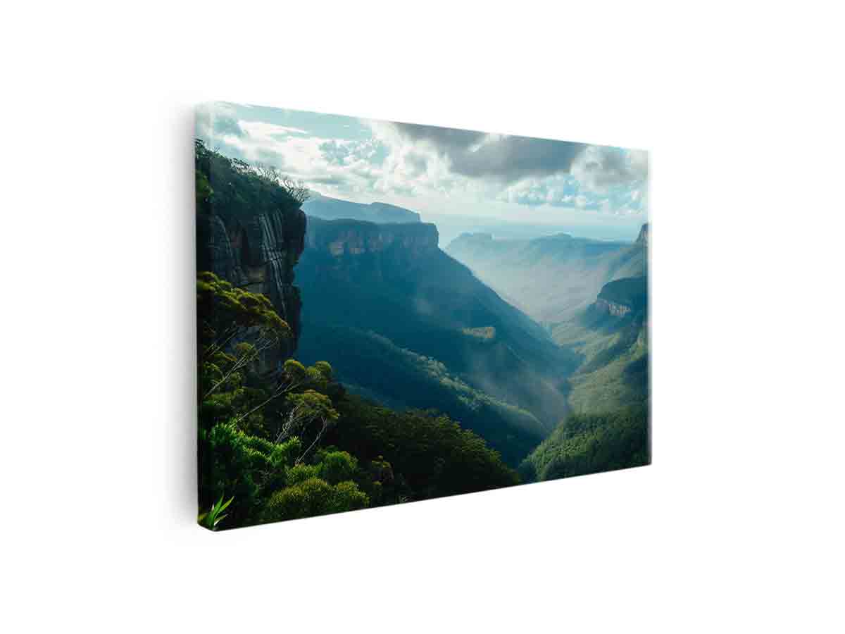 Misty blue mountain landscape canvas art for modern living room decor.