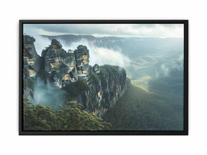 Dramatic misty cliff landscape wall art for a modern office or living room.