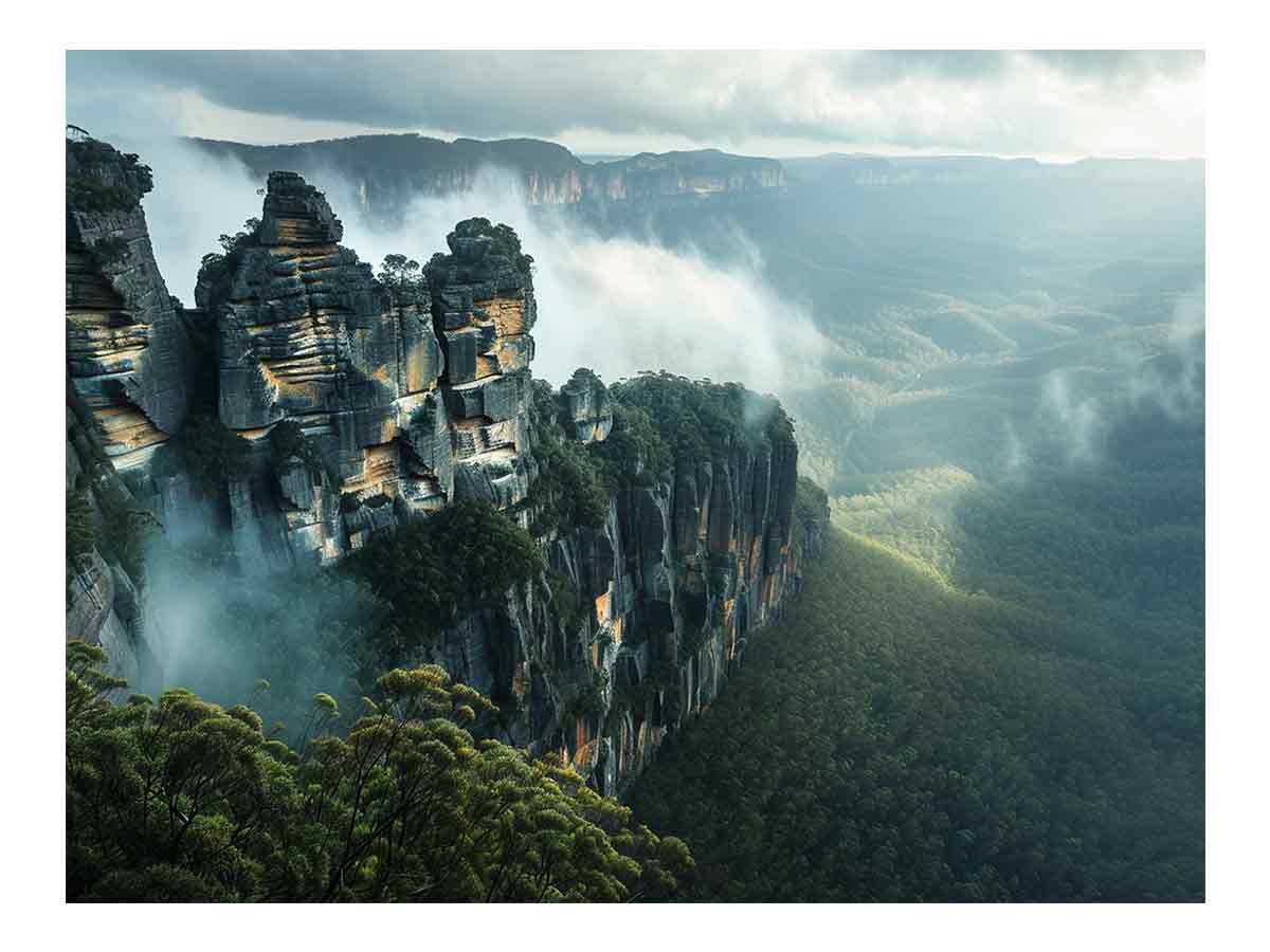 Dramatic misty cliff landscape wall art for a modern office or living room.