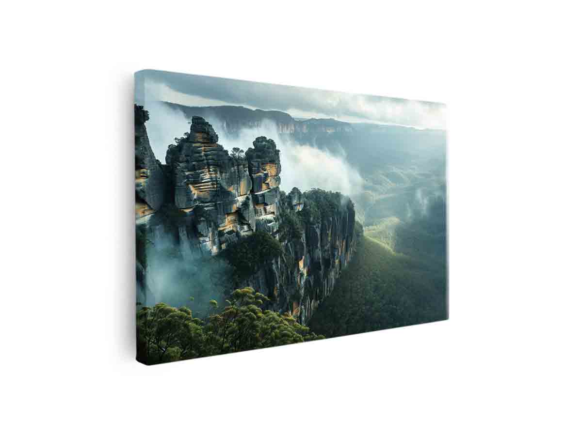 Dramatic misty cliff landscape wall art for a modern office or living room.