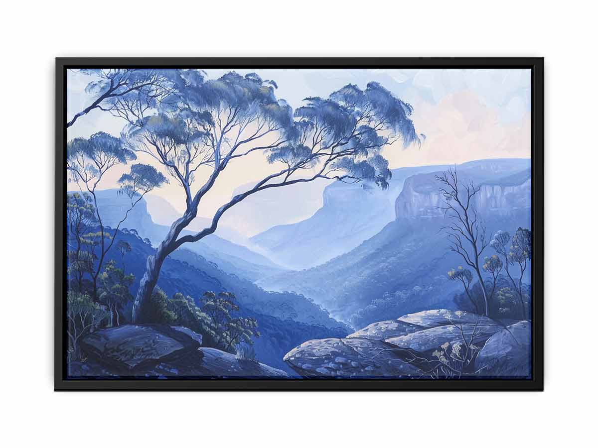 Blue eucalyptus mountain canvas art for peaceful bedroom decor.