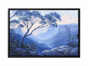 Blue eucalyptus mountain canvas art for peaceful bedroom decor.