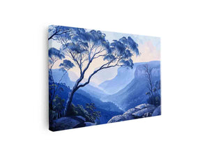 Blue eucalyptus mountain canvas art for peaceful bedroom decor.