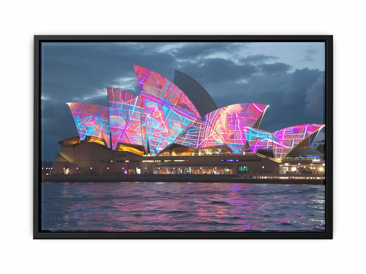 Neon opera house wall art for bold contemporary living room decor.