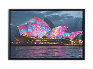 Neon opera house wall art for bold contemporary living room decor.