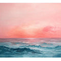 Abstract ocean canvas print with coral sky for modern living room decor.