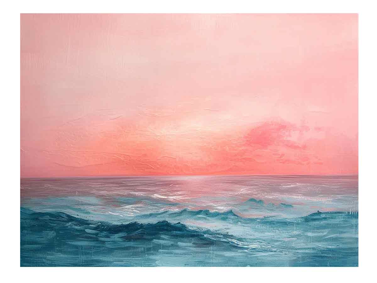 Abstract ocean canvas print with coral sky for modern living room decor.