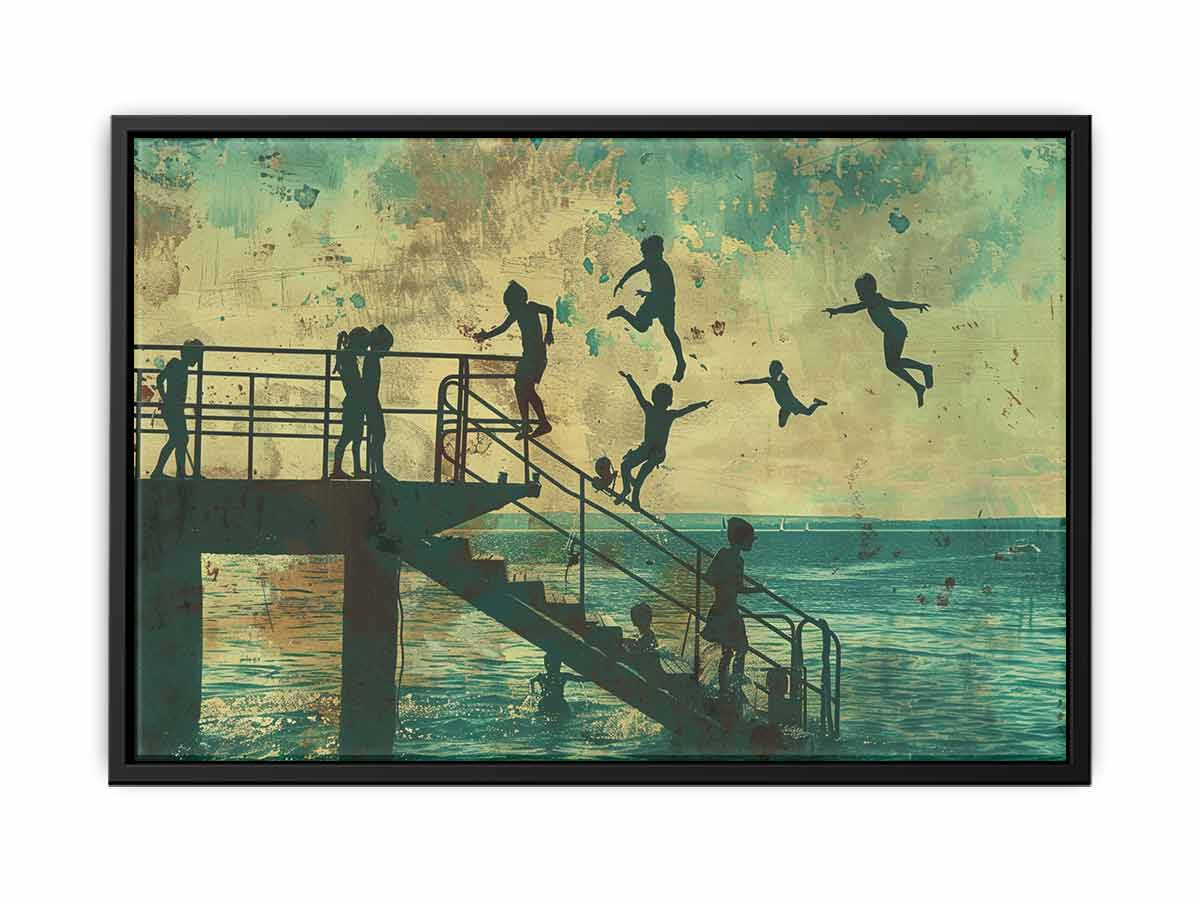 Vintage coastal kids jumping pier artwork for beach house wall decor.