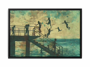 Vintage coastal kids jumping pier artwork for beach house wall decor.