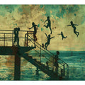 Vintage coastal kids jumping pier artwork for beach house wall decor.