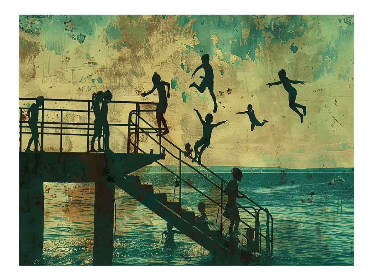 Vintage coastal kids jumping pier artwork for beach house wall decor.