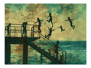 Vintage coastal kids jumping pier artwork for beach house wall decor.