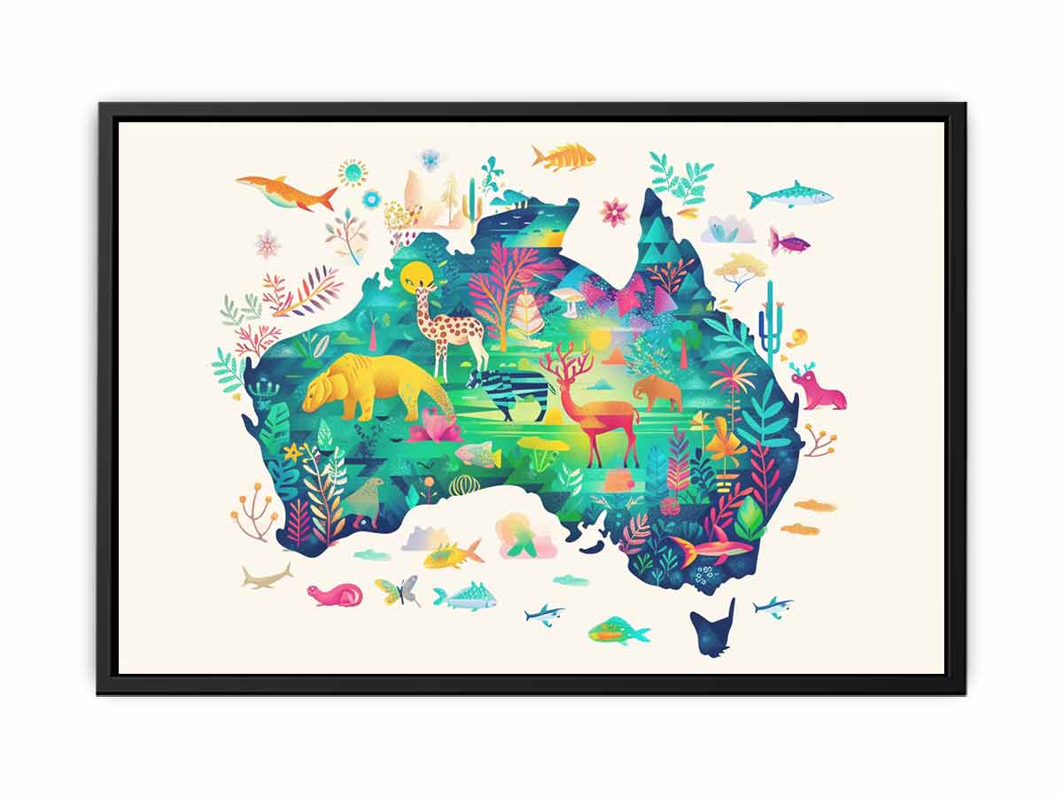 Colourful Australia wildlife map illustration canvas art for kids room or nursery decor.