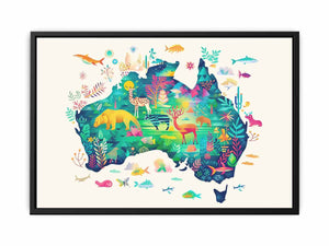 Colourful Australia wildlife map illustration canvas art for kids room or nursery decor.